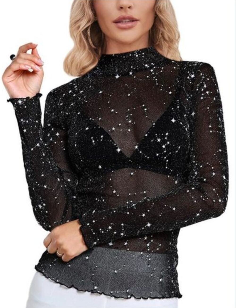 NWT Floerns Women's Star Mesh See Through Mock Neck Long Sleeve Top Tee  Size L